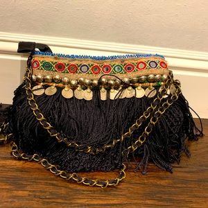 Elliot Mann clutch bag. Fringed with coins.